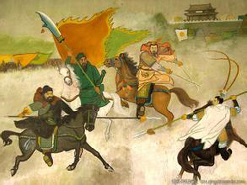 Nhớ lại trận Hổ lao quan, lần đó là lần duy nhất Lưu Bị xuất kiếm. Nếu không vì hai người anh em kết nghĩa, ông căn bản không cần thiết phải xuất kiếm với Lã Bố. Ông vốn không muốn hiển lộ võ nghệ thực sự vì ông không muốn bị người ta xem là võ phu. Trong ảnh là tranh vẽ trận Hổ lao quan, 3 anh em Lưu Quan Trương đại chiến Lã Bố.