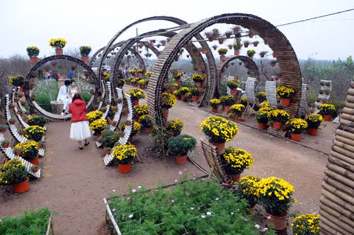 Không chỉ thu hút khách bằng những vườn hoa đa màu sắc, các chủ vườn cầu kỳ hơn, ngoài trồng hoa trang trí, tạo nhiều bối cảnh để chụp ảnh.