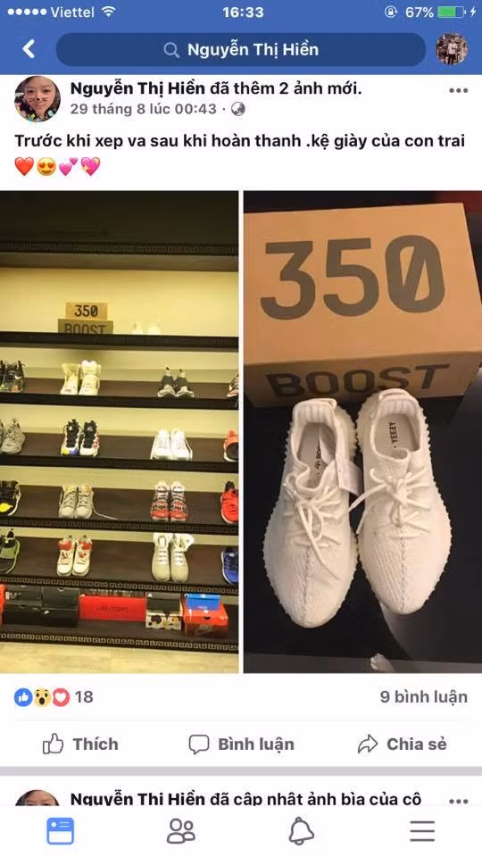 Tủ giày hàng hiệu với gần 20 đôi giày được chính tay chị H. xếp gọn gàng ngăn nắp.