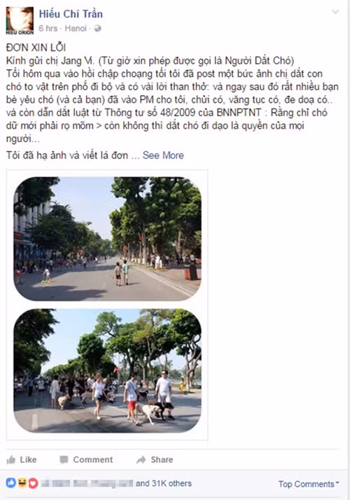 Sự việc xoay quanh việc blogger Hiếu Orion "than thở" về một chủ chó có tên J.V đã không đeo rọ mõm cho vật nuôi khi dắt chúng ra phố đi bộ. Khi bài viết này được đăng tải thì tác giả cho hay, anh vấp phải nhiều chỉ trích của J.V. Ngoài ra, tác giả đã phải gỡ một bài viết do vấp phải nhiều lời trỉ trích, đe dọa. Ảnh chụp màn hình