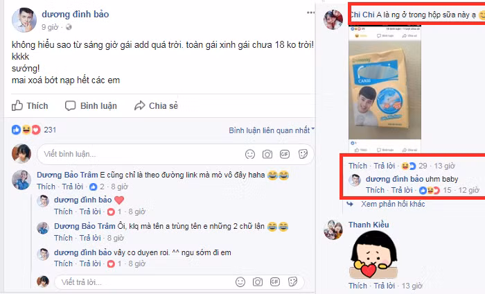 Trên Facebook cá nhân, anh chàng Dương Đình Bảo cũng đã xác nhận mình chính là "hot boy sữa đậu nành" mà dân mạng đang truy tìm. Anh chàng khá bất ngờ và chia sẻ vui trên trang cá nhân "Không hiểu sao từ sáng giờ, gái add quá trời, toàn gái xinh...".