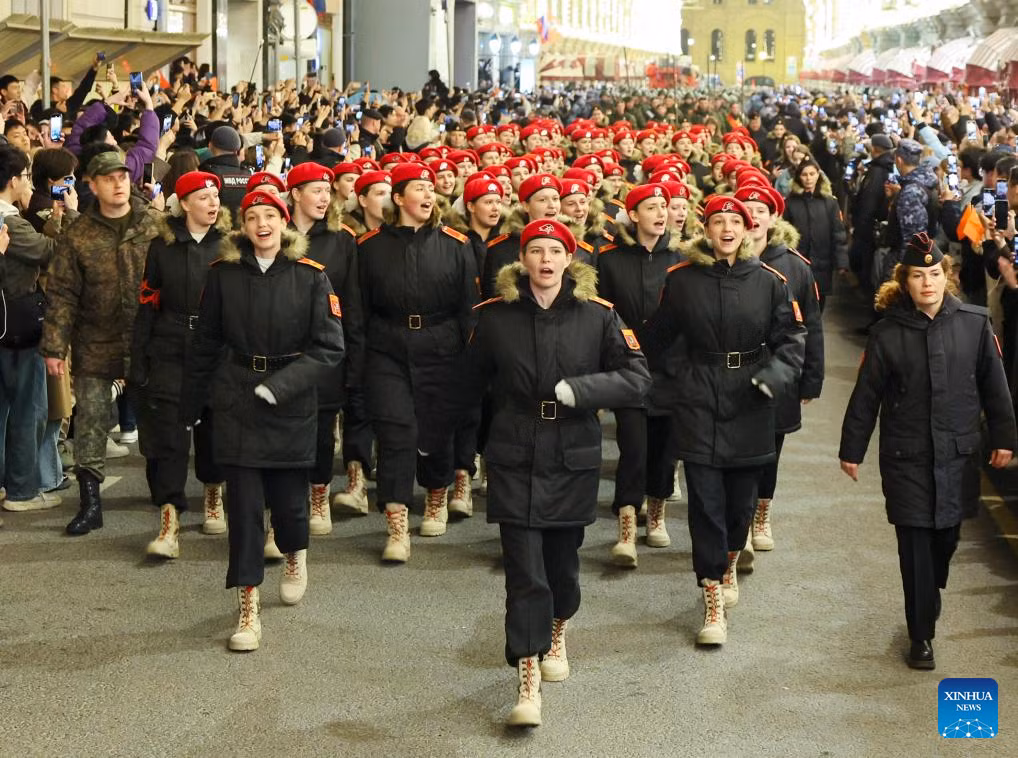 Các nữ quân nhân Nga trong buổi diễn tập ở thủ đô Moscow ngày 3/5/2025.