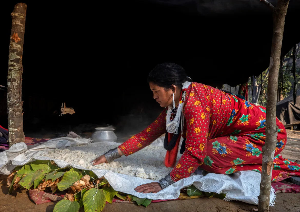 Nabina Sahi, 35 tuổi, phơi khô cơm đã nấu chín để làm một loại đồ uống được gọi là "jaad".