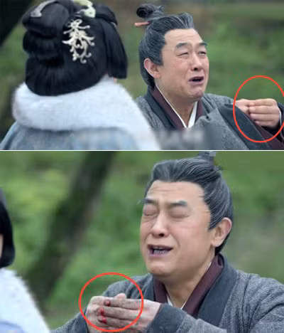 Khi trò chuyện với Đổng Phi (Vương Nghệ Nặc), bàn tay của nhân vật Trương Công Công biến đổi từ sạch sẽ sang rớm máu, dính bùn đất.