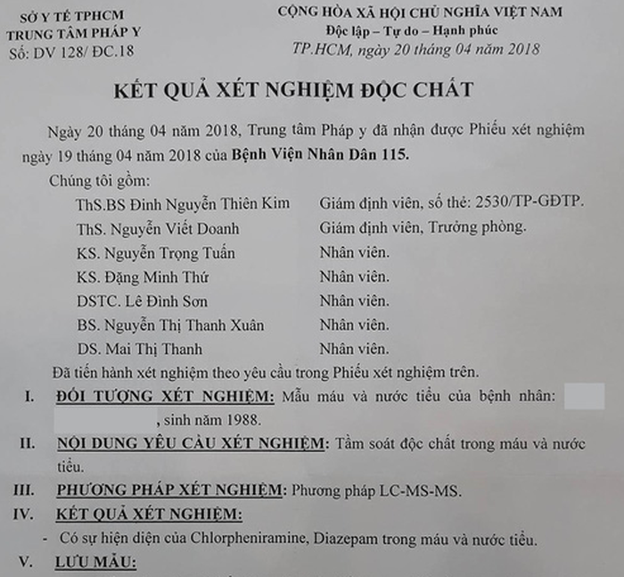 Kết quả xét nghiệm tầm soát chất độc trong máu và nước tiểu của Trung tâm Pháp Y TP khẳng định có sự hiện diện của hai biệt dược gồm Chlorphenamine (giảm ngứa) và diazepam (an thần) - Ảnh: HOÀNG LỘC