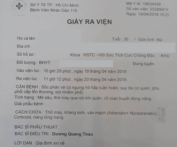Theo giấy ra viện, chị T., tử vong do sốc phản vệ có ngưng hô hấp tuần hoàn, suy đa cơ quan, phù phổi cấp tổn thương, bội nhiễm phổi. - Ảnh: HOÀNG LỘC