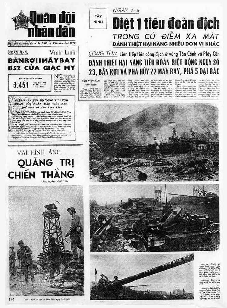 Trang nhất của báo Quân đội Nhân dân số ra ngày 2/4/1972 với những hình ảnh rõ nét và mới nhất về cuộc chiến đang diễn ra ác liệt tại Quảng Trị. Nguồn ảnh: Flickr.