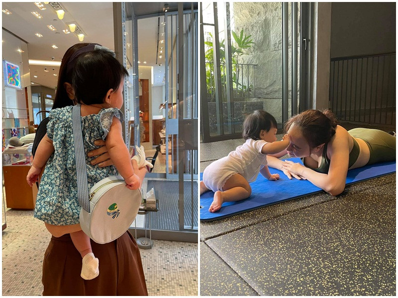 Nữ ca sĩ vừa chăm con vừa tập yoga tại nhà.