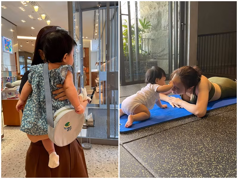 Nữ ca sĩ vừa chăm con vừa tập yoga tại nhà.