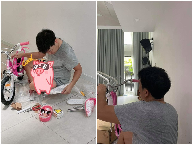 Ông xã của Nhã Phương chăm chú lắp chiếc xe đạp để con gái chơi vào dịp Lễ tình nhân.