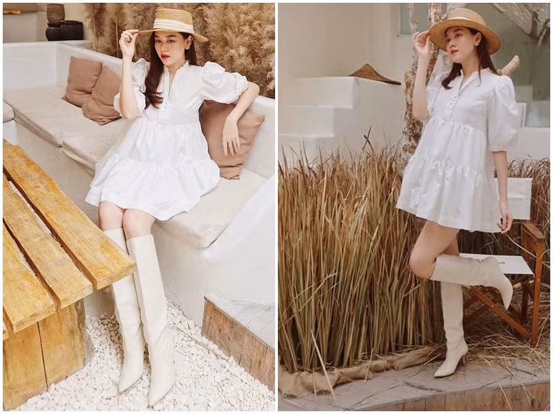 Trong thời gian qua, Tường San thường xuyên mặc trang phục khá rộng che vòng 2.