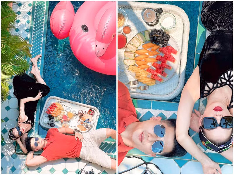 Trong những ngày qua, Lệ Quyên và tình trẻ nghỉ dưỡng bên nhau. Cả hai khoe ảnh bên bể bơi, thăm chùa Cầu, Hội An.