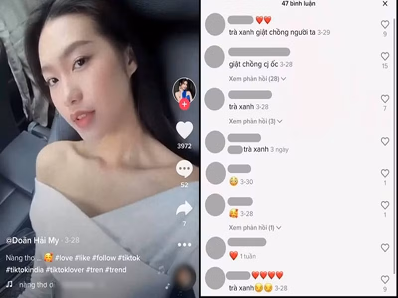 Mới đây, antifan để lại bình luận Doãn Hải My là "trà xanh" dưới một tài khoản TikTok mang tên của top 10 Hoa hậu Việt Nam 2020. Về phần mình, Hải My cho biết, tài khoản TikTok là giả mạo và bình luận đều vô căn cứ nên cô không quan tâm. Ảnh: Vietnamnet