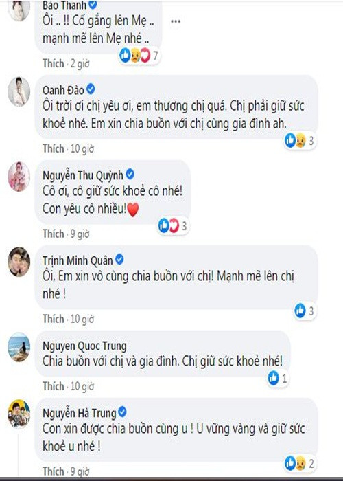 Bạn bè, đồng nghiệp chia buồn và động viên nghệ sĩ Minh Hằng vượt qua nỗi đau mất người thân.