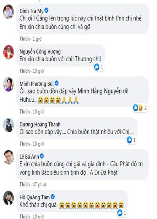 Nghệ sĩ Trà My viết: "Chị ơi, gắng lên trong lúc này, chị thật bình tĩnh chị nhé. Em xin chia buồn cùng chị và gia đình". Ca sĩ Hồ Quang Tám an ủi: "Khổ thân chị quá".