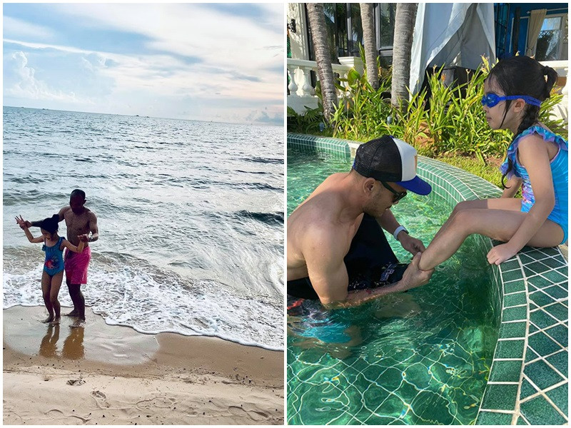 Khi đi biển, đi bơi, ông xã của Xuân Lan chăm sóc con riêng của vợ từng chút một.