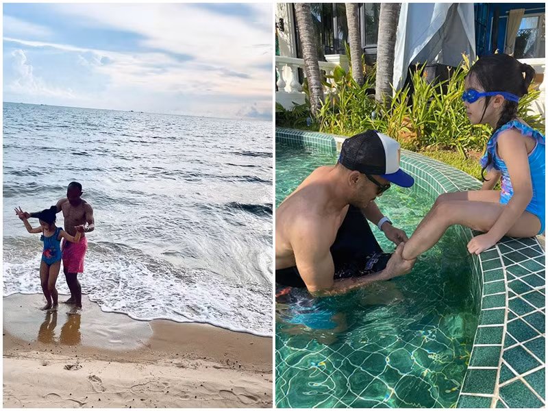 Khi đi biển, đi bơi, ông xã của Xuân Lan chăm sóc con riêng của vợ từng chút một.