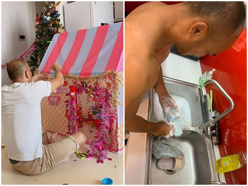 Xuân Lan từng khoe khoảnh khắc ông xã Ngọc Lâm rửa sạch dép cho bé Thỏ hay tự tay trang trí lều cho con gái.