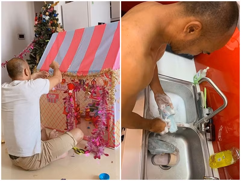 Xuân Lan từng khoe khoảnh khắc ông xã Ngọc Lâm rửa sạch dép cho bé Thỏ hay tự tay trang trí lều cho con gái.