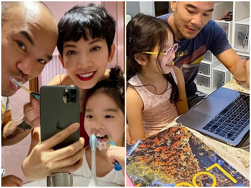 Vào thời điểm bé Thỏ được nghỉ học do dịch bệnh, ông xã của Xuân Lan dạy con máy tính và tiếng Anh.