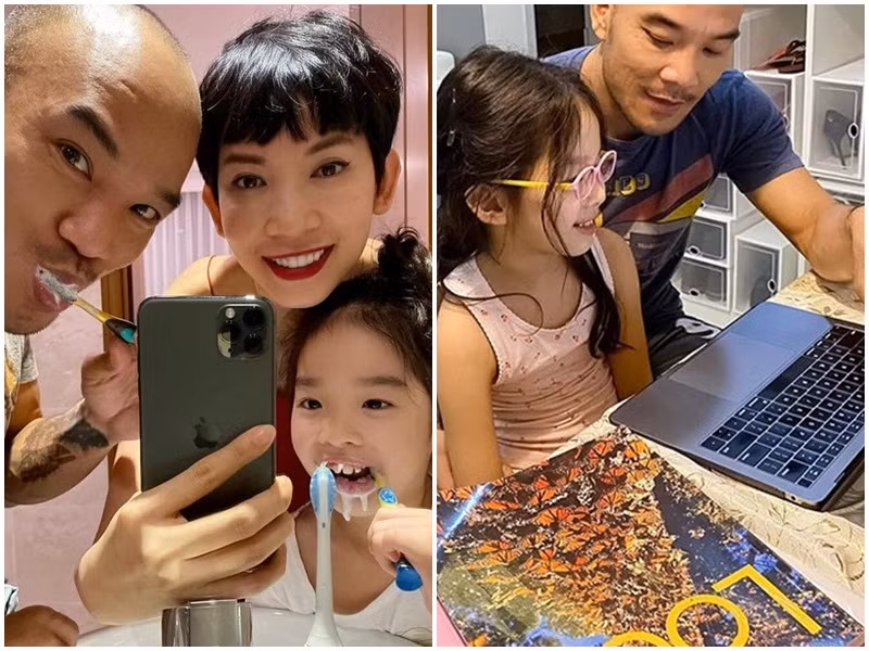 Vào thời điểm bé Thỏ được nghỉ học do dịch bệnh, ông xã của Xuân Lan dạy con máy tính và tiếng Anh.