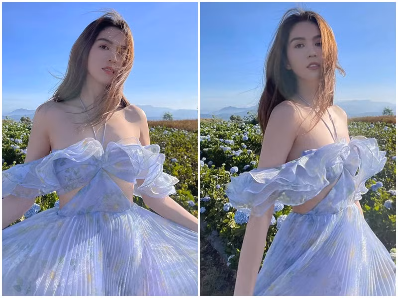 Ngọc Trinh diện váy gợi cảm, xinh như công chúa khi dạo chơi tại một địa điểm của Đà Lạt.