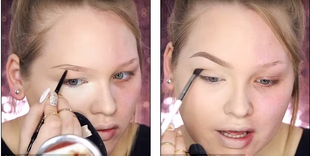 Tiếp tục hoàn thiện chân mày sắc nét hơn với bút chì và tạo độ sâu cho mắt với phấn mắt màu đồng.