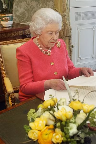 Ngày 11/3/2013: Bức hình được chụp trong một ngày bình thường, Nữ hoàng làm việc trong văn phòng tại Lâu đài Buckingham. Bộ trang phục mang đậm phong cách riêng của bà với sắc màu tươi sáng và đồ nữ trang làm bằng ngọc trai.