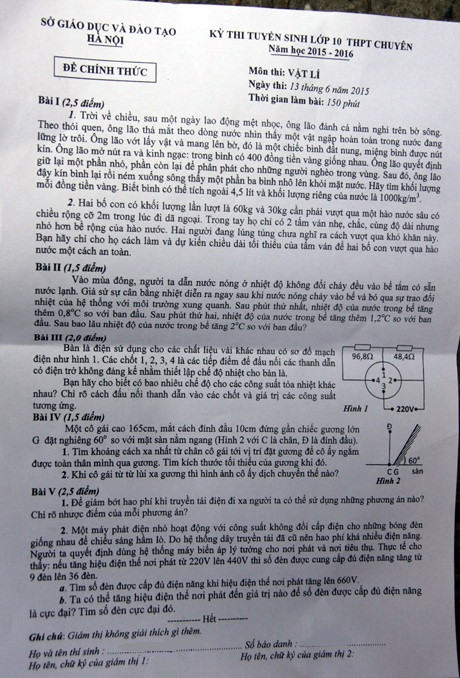 De thi vao lop 10 mon Vat ly chuyen Thanh pho Ha Noi chieu 12/6
