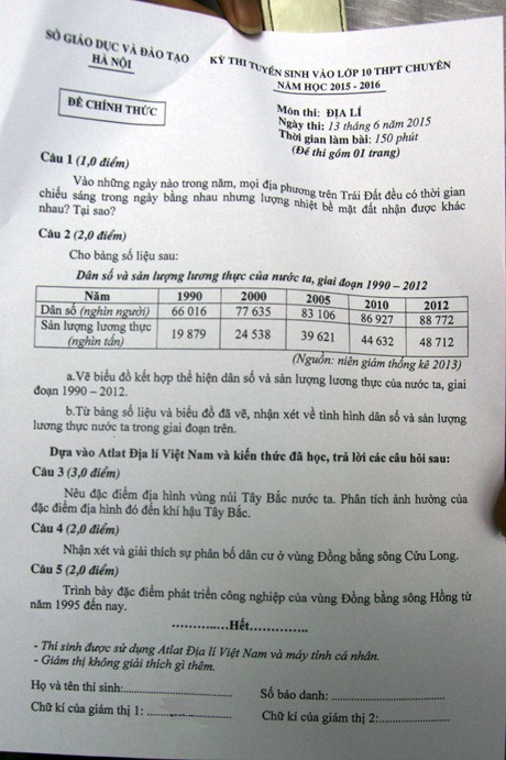 De thi vao lop 10 mon Dia ly chuyen Thanh pho Ha Noi