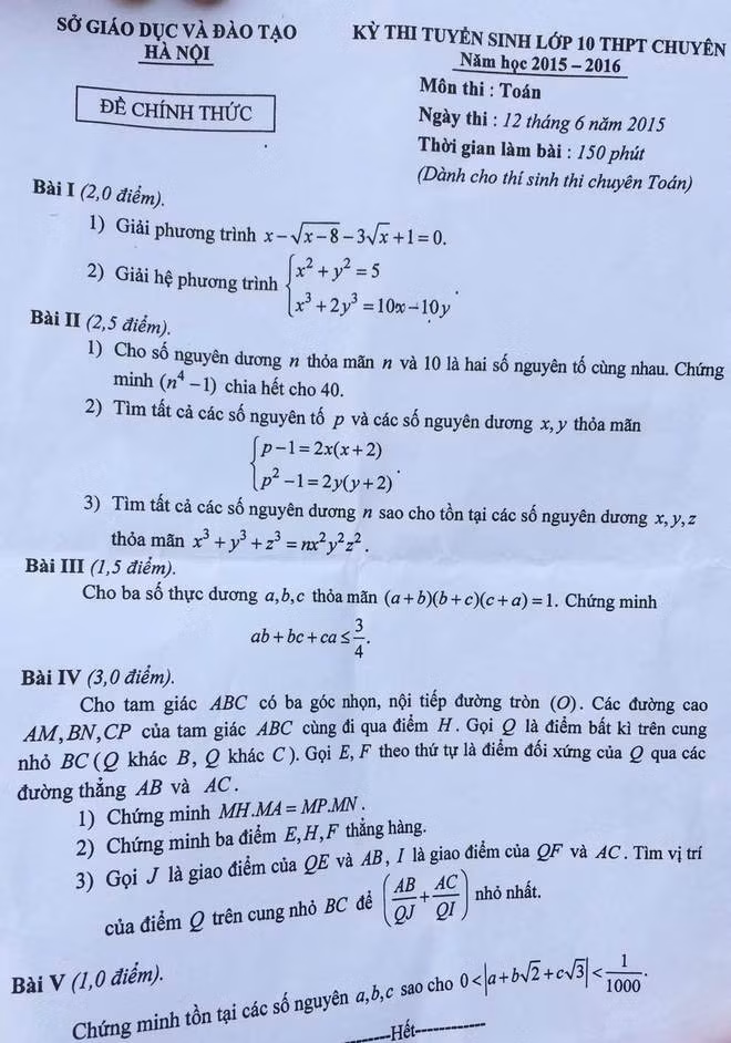 De thi vao lop 10 mon Toan chuyen Thanh pho Ha Noi chieu 12/6