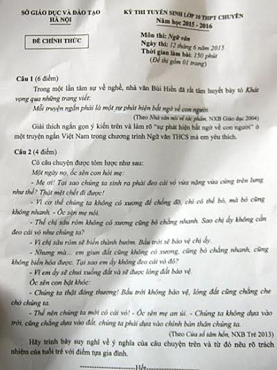 Đề thi vào lớp 10 chuyên môn Ngữ văn chiều 12/6.