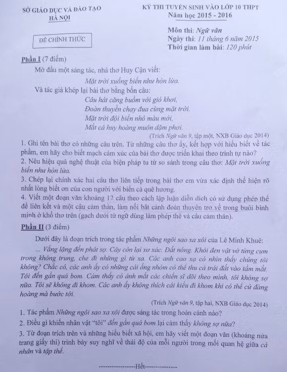 De thi vao lop 10 mon Ngu van toan thanh pho Ha Noi sang 11/6