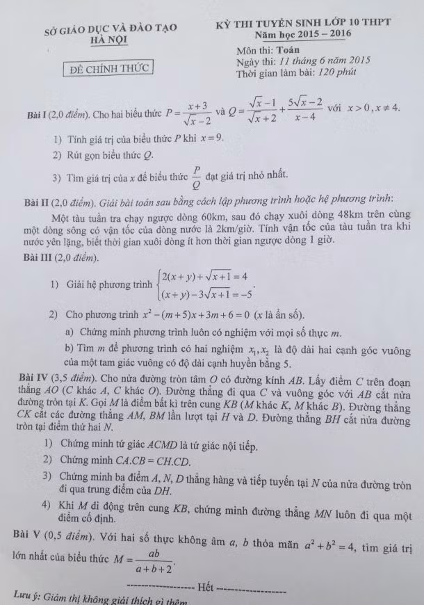 De thi vao lop 10 mon Toan toan Thanh pho Ha Noi chieu 11/6 va dap an
