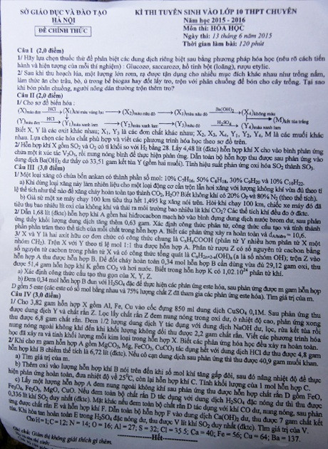 De thi vao lop 10 mon Hoa hoc chuyen Thanh pho Ha Noi