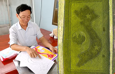 Bản đồ Việt Nam trên cánh đồng lúa của người nông dân Hòa. Ông Hòa cho biết đã chọn màu đỏ cho phần đất liền và hai quần đảo Hoàng Sa và Trường Sa vì tôi nghĩ Hoàng Sa, Trường Sa là máu của máu Việt Nam, thịt của thịt Việt Nam, không thể tách rời, không thể chia cắt”