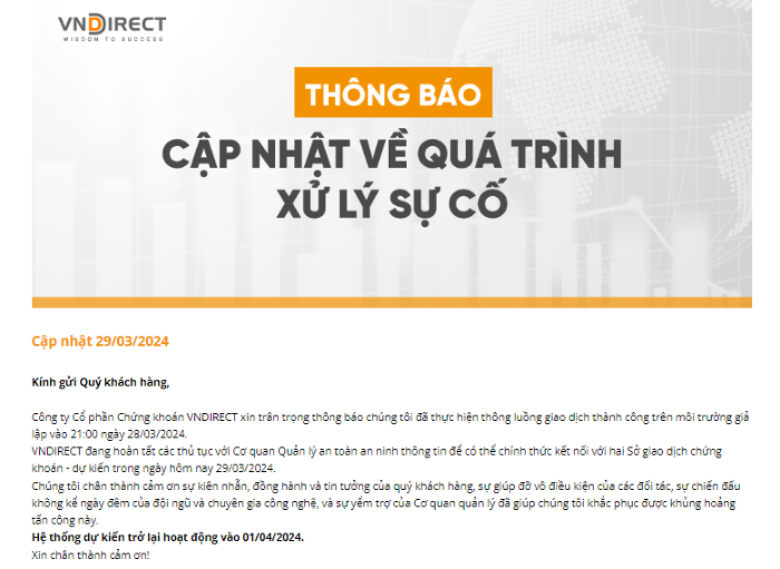 He thong chung khoan VNDirect du kien hoat dong tro lai ngay 1/4