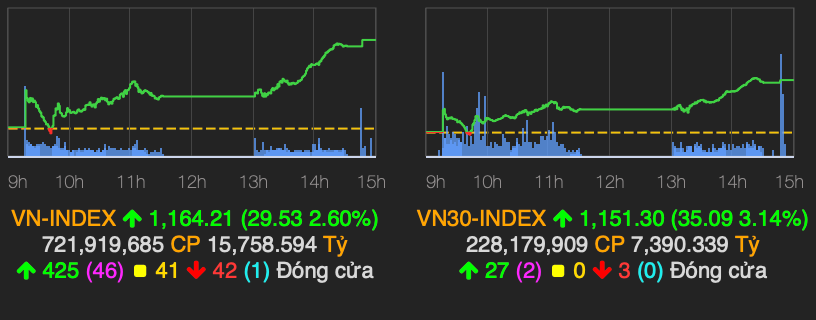 Thi truong phuc hoi manh me, VN-Index tang gan 30 diem