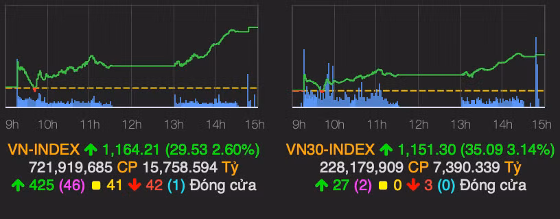 Thi truong phuc hoi manh me, VN-Index tang gan 30 diem