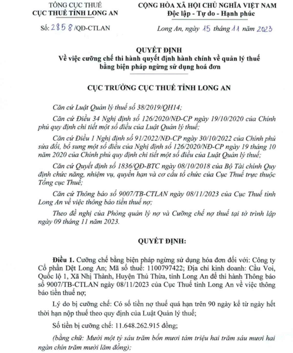 Cong ty KCN Dong Tam cua bau Thang bi cuong che vi no thue hon 52 ty dong