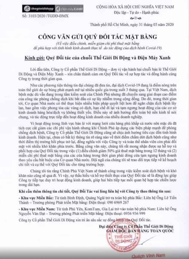 Lam vao canh kho khan vi COVID-19, The gioi di dong xin giam 50% va mien tien thue mat bang