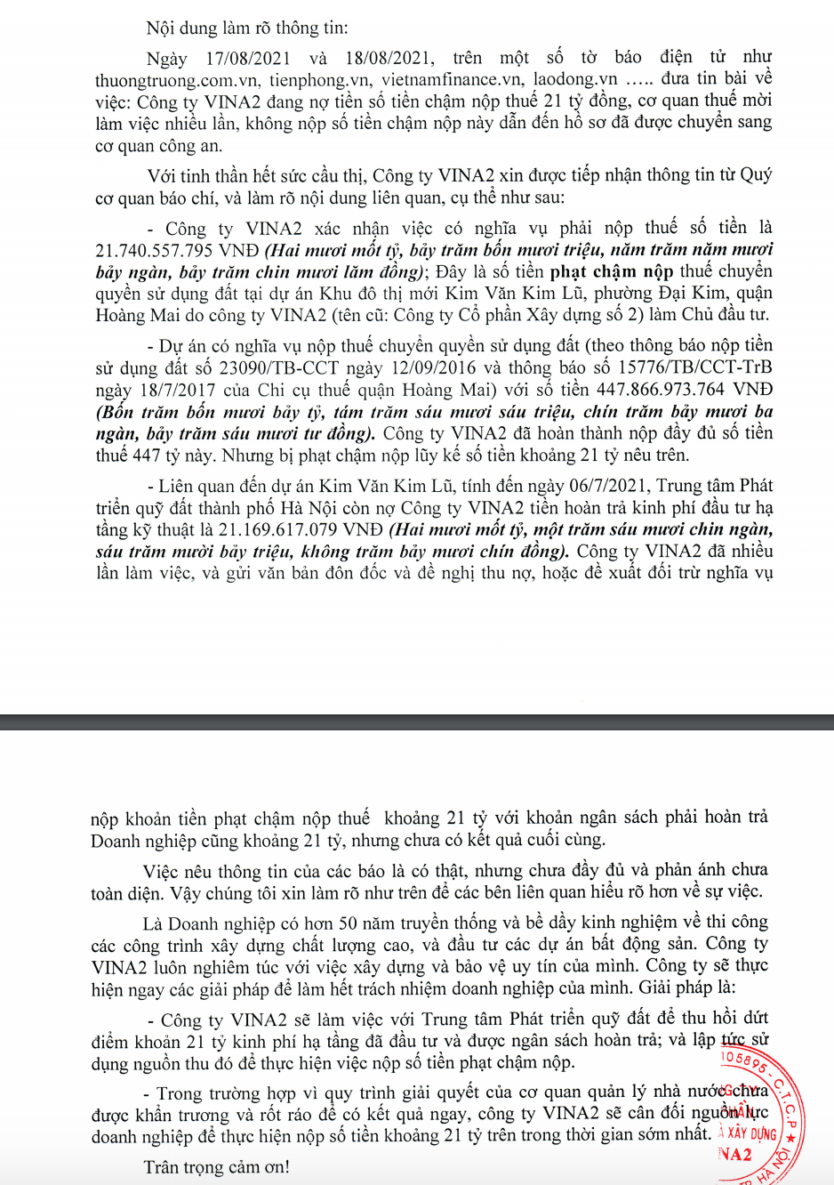 No thue hon 21 ty dong, CDT Khu do thi Kim Van Kim Lu noi gi?