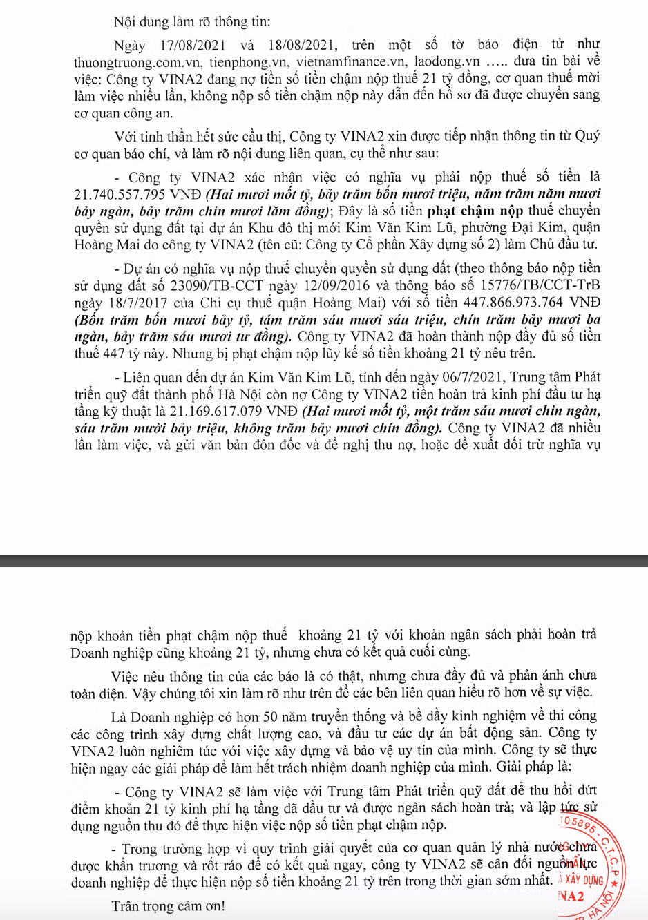 No thue hon 21 ty dong, CDT Khu do thi Kim Van Kim Lu noi gi?