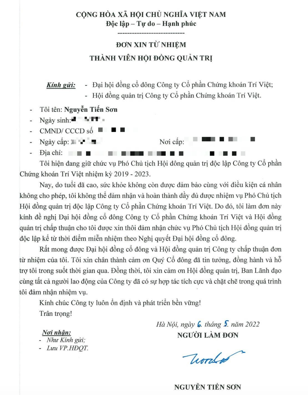 Them mot lanh dao tai Chung khoan Tri Viet (TVB) muon tu nhiem