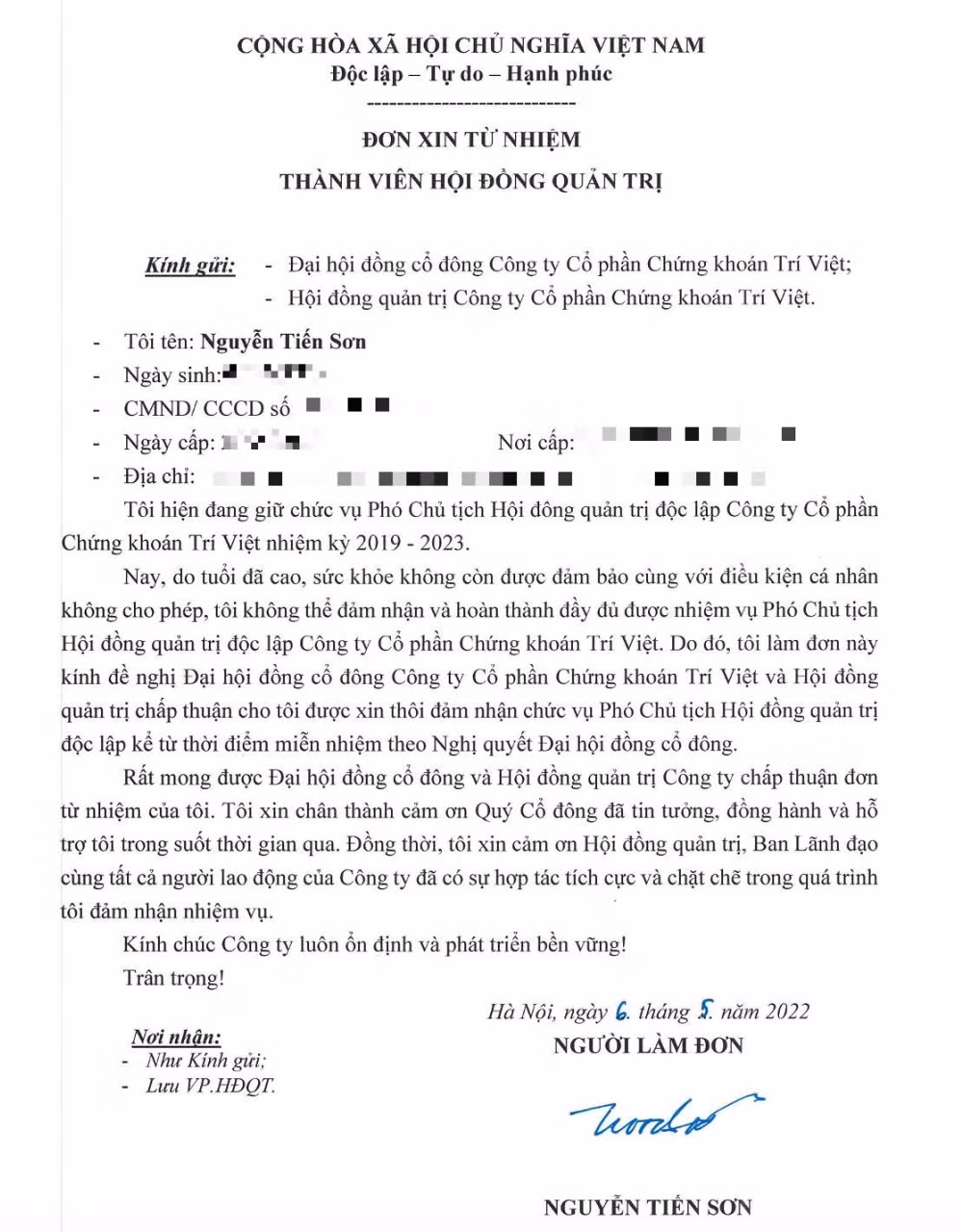 Them mot lanh dao tai Chung khoan Tri Viet (TVB) muon tu nhiem