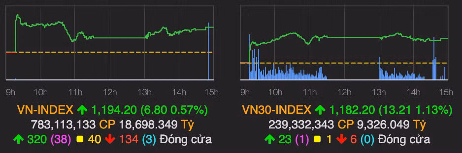 VN-Index dung o muc 1.194 diem, DXG co khoi luong giao dich dot bien phien 15/1