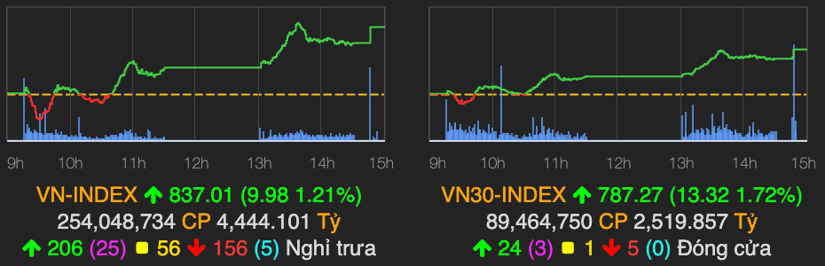 HPG và HSG đồng loạt tăng trần, VN-Index trở lại sắc xanh HPG va HSG dong loat tang tran, VN-Index tro lai sac xanh