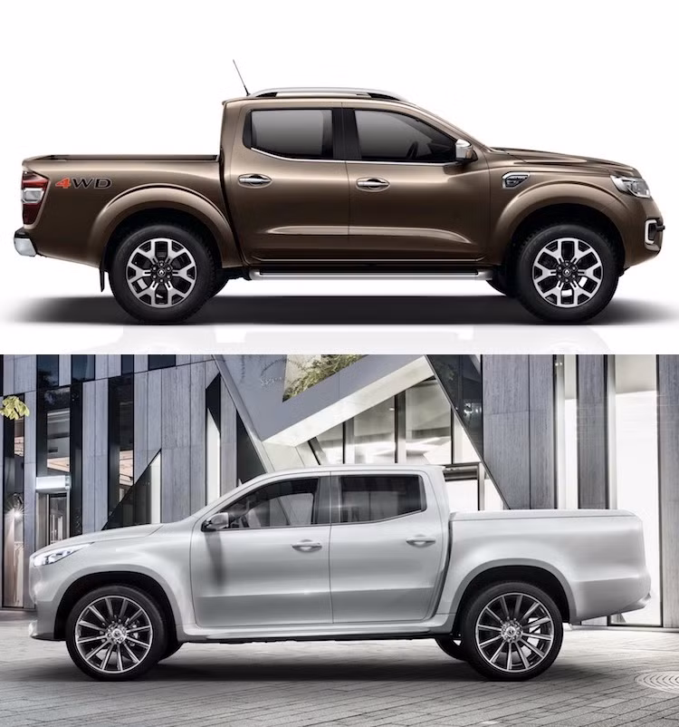 "Nguồn gốc" từ Nissan Navara của 2 chiếc xe được thể hiện khá rõ qua hình dáng cabin, khi cả 2 chiếc xe đều có cửa kính sau vát góc gần cột C. Ngoại trừ điểm chung này, X-Class trông gần với đô thị hơn, trong khi Alaskan có các hốc bánh nổi lên đầy "cơ bắp". Trên vè trước của bán tải Renault Alaskan còn có thêm một khe hút gió "giả".