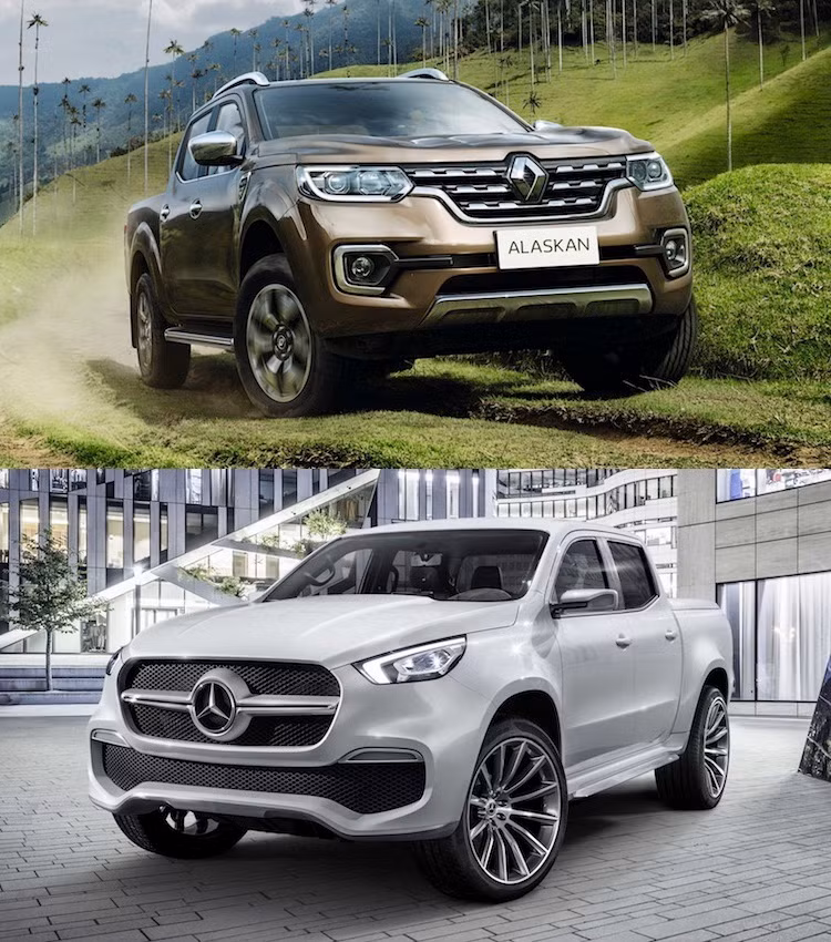 Dù có chung nền tảng nhưng ở bên ngoài, 2 mẫu xe này sở hữu thiết kế hoàn toàn khác biệt với nhau, phản ánh phong cách thiết kế của 2 hãng. Cả 2 mẫu xe đều có logo của thương hiệu nằm nổi bật ở mặt trước, tuy nhiên Alaskan đi kèm với cụm đèn hậu và lưới tản nhiệt liền mạch, trong khi X-Class mạnh mẽ hơn với lưới tản nhiệt lớn và đèn pha phong cách siêu xe AMG GT.