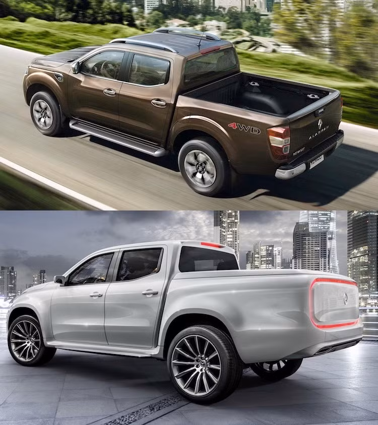 Hiện tại, X-Class đang có tới 2 phiên bản ý tưởng với 2 kiểu thiết kế đuôi xe khác nhau, chính vì vậy có thể khẳng định rằng hãng vẫn chưa thể "chốt" kiểu dáng phía sau của dòng xe. Trong khi đó cũng giống như những chiếc bán tải khác, Alaskan sở hữu phần đuôi với thiết kế không có gì nổi bật, chỉ gồm 2 đèn hậu đặt dọc.